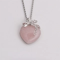Collar de lazo plateado con colgante de piedra de cristal rosa en forma de corazón - Cuarzo Rosa Rosa + 60CM Cadena de Cuerda de Acero Inoxidable