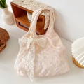 Sac à bandoulière en toile rose avec motif de nœuds mauves et dentelle blanche - Avec Grand Noeud en Dentelle / Rose