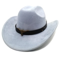 Detail of light blue suede cowboy hat featuring a black leather band and metal bull head logo - M (56-58cm) / Sky Blue