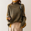 Loose knit turtleneck sweater in grey-brown blend with bold yellow contrast stripes - S / 9073# Mixed Color