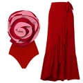Red swimsuit set with 3D rose monokini and matching ruffled wrap skirt beachwear - S / Red Zirconia Set