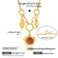 Gold stainless steel necklace featuring a floral pendant with amber resin and size specs - Leaf Flower Amber Style (Year-End Promotion) (JDN0109017)