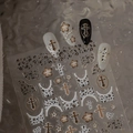 Detailed 5D nail art stickers featuring gothic cross, leopard print and star designs - Leopard Print Cross Floral Silver (CO-512 Silver Stamping)