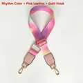 Macro detail of rainbow gradient strap with pink leather ends and gold alloy hooks - Rainbow Gradient Pink Leather Gold Hook