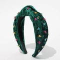 Detail view of dark green velvet knotted headband with colorful rhinestone crystal accents - Velvet Rhinestone Knotted Style / Dark Green