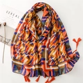 Vintage geometric long scarf with colorful abstract print and orange tassels for women - 180*90CM / Multicolor Abstract