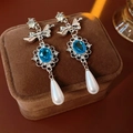 Vintage silver bow earrings with oval blue gemstone and white pearl on velvet box - Retro Bow Blue Gem Pearl Drops (38#)
