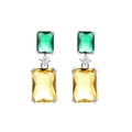 Elegant geometric 5ct emerald green and yellow rectangle crystal drop earrings in silver - Yellow + Green