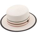 Cappello di paglia bianco con bordo nero e nastro a righe beige con logo in metallo - M (56-58cm) / Bianco Puro