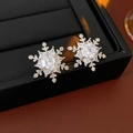 Macro shot of silver snowflake earrings with cubic zirconia on black leather case - Silver Zircon Snowflake Stud Earrings