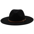 Black faux suede wide brim cowboy hat featuring a brown leather band and gold metal buckle - M (56-58cm) / Black