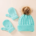 Winter cable knit baby set featuring sky blue beanie with faux fur pom and mittens - Blue 2-Piece Set