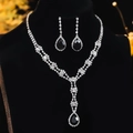 Luxury bridal jewelry set featuring black teardrop crystals and silver flower pattern - DTN14027339BK-Silver Black Teardrop Main Stone