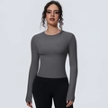 Vue détaillée du haut de sport à manches longues pour femmes en tissu gris foncé - Gris Graphite