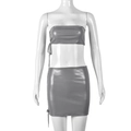 Detail of grey PU faux leather two-piece set with tube top and side-tie mini skirt - S / Gray