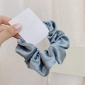 Blue-grey satin oversized scrunchie with soft pleated texture and branded paper tag - 1076H Foggy Blue Satin Scrunchie