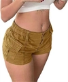 Detail view of khaki cotton cargo shorts featuring elastic waist and side utility pockets - S / Brown