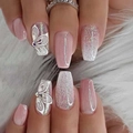 Faux ongles ballerine dégradé rose avec nœuds papillon et détails scintillants - Dégradé Rose Papillon Strass Avec Colle Gelée Noire (D15)