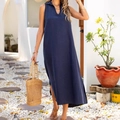 Robe longue bleu foncé sans manches à col en V pour une tenue d'été décontractée - S / Bleu foncé