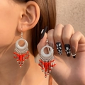 Orecchini boho argento con frange di perline arancioni e dettagli in stile etnico - Argento Antico (11187)