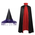 Dettaglio di un cappello da mago con pizzo viola e mantello reversibile rosso e nero - Cappello in Garza Viola + Set Mantello Collo Alto 80cm