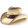 Western straw cowboy hat in khaki with rhinestone belt and vintage metal heart buckle - M (56-58cm) / Distressed Gradient Edge (Spray) / Beige Gradient