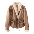 Chaqueta vintage de cuero PU marrón con cuello de borreguillo blanco y cinturón a juego - S / Camel