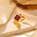 Gold plated titanium steel ring with 10mm square red stone in vintage open band design - Adjustable Open / JOM25020-Gold Square Red Stone Open