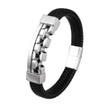 Bracciale hip hop da uomo in pelle nera intrecciata con catena in metallo argento - Argento
