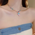 Collier œil maléfique rose fondu avec ailes argentées et perles de couleur - Pendentif ailes de mauvais œil rose (118# Collier)