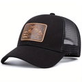 Schwarze Retro-Trucker-Kappe mit Tiger-Lederpatch und atmungsaktivem Mesh-Gewebe hinten - Verstellbar / Schwarz