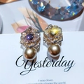 Elegant rose flower pearl earrings with crystals and colorful gemstones in champagne gold - Gold Rose Flower Champagne Pearl Style