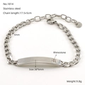 Bracelet ID en acier inoxydable argenté avec chaîne cubaine et plaque gravée strass - Style de Plaque Polie à Quatre Strass (ZYS1814)