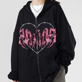 Black zip-up spider web hoodie with pink gothic heart print and oversized streetwear fit - S / Black (Heart Print)