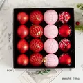 Set of 16 decorative Christmas balls with red and pink textures in a square gift box - Red