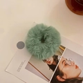 Soft faux fur scrunchie in sage green color for autumn and winter hairstyles - Dark Green