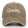 Detail of Groom embroidery on washed cotton vintage baseball cap in tan color - Groom / Khaki