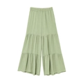 Detail of light green wide-leg trousers with elastic high waist and tiered ruffle design - S / Light Green Pants