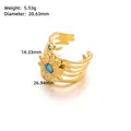 Detailed size measurement of golden flower ring with blue stone and dimensions shown - Adjustable Open / J226-Gold Blue-hearted Sunflower