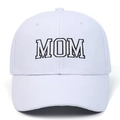 Detailed close-up of black MOM embroidery on a white cotton structured baseball cap - Adjustable / White MOM