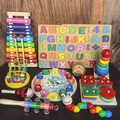 Wooden educational toy set with xylophone and puzzle boards for toddler early learning - 11-Piece Set (Castanet + Maraca + Shape Sorter + Caterpillar + Rainbow Tower + Hand Bell + Clock + Xylophone + Bead Maze + Alphabet + Numbers)