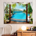 Dettaglio arazzo con vista finestra 3D, paesaggio marino tropicale e palme esotiche - 150x130cm / Paesaggio Marino Tropicale Della Finestra 3D
