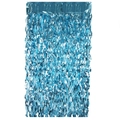 Detail of blue metallic foil fringe curtain with shimmering wavy tinsel strands - Shiny Light Blue Wavy Fringe Curtain