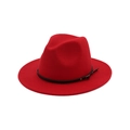 Classic red wool fedora hat with wide brim and black leather belt buckle accent - M / Red