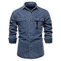 Camicia di jeans blu a maniche lunghe da uomo con tasche sul petto e dettaglio con zip - S / Blu scuro