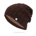 Men's dark brown winter fleece knit beanie with wave pattern and star patch - One Size / Coffee