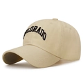 Beige cotton baseball cap with black Colorado embroidery and curved brim in side view - Adjustable / Normal Quality (Polyester Cotton) / Deep Beige