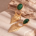 Detail of vintage gold tassel earrings featuring an oval green malachite stone inlay - Silver Pin - Green Geometric Tassel Dangle Earrings