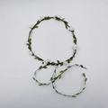 Boho floral headpiece with white roses and green leaf vines on brown rattan base - White