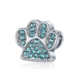 Silver alloy paw print bead with light blue rhinestones for DIY charm bracelets - Silver Lake Blue Gemstone
